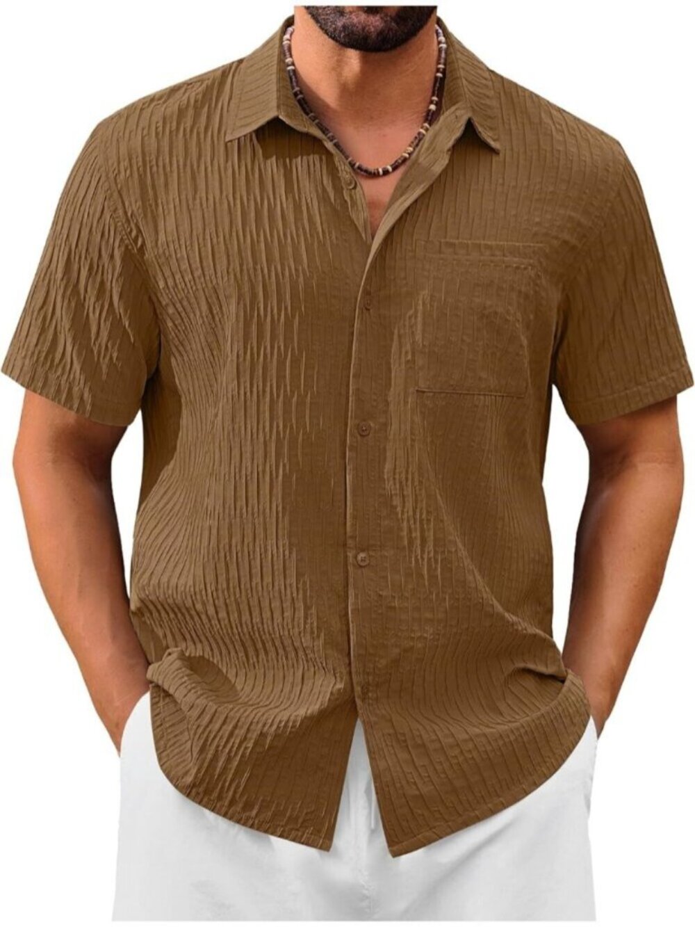 Men's Dark Brown Short Sleeve Casual Textured Polyester Button Down Shirts